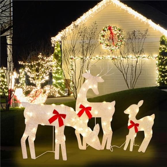 3 Pack Tinsel Reindeer Family Lighted 2D Deer Christmas Decor, with 60Lights - Picture 4 of 6